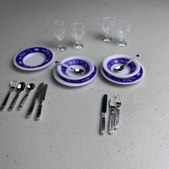 Barbie Doll Dollhouse Miniatures Diorama Kitchen Plate Cutlery Wine Cups Glasses - Picture 10 of 11